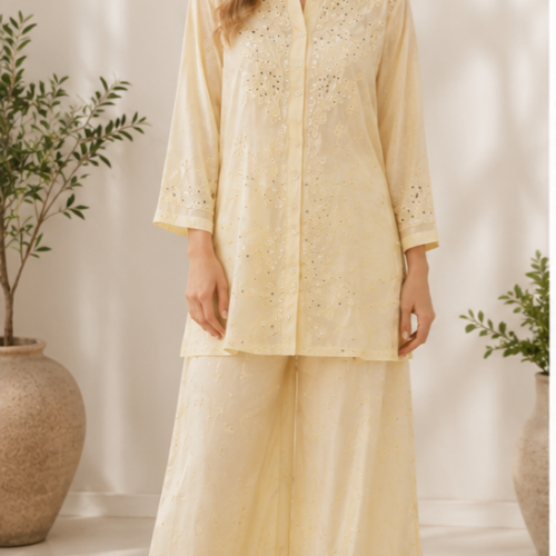rn-image_picker_lib_temp_4ad4e594-aeba-46b8-b290-cdda6ff59450.png Handmade Lucknow Chikankari Butter Yellow Muslin Mukesh Work Co-ord Set - Global Delivery | Nuvàne