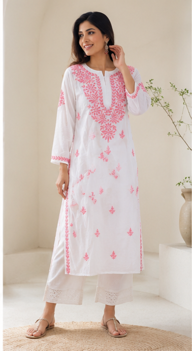 Handmade Lucknow Chikankari White Kurta - Global Delivery | Nuvàne