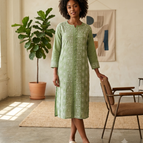 Handmade Lucknow Chikankari Modal Long Kurti - Global Delivery | Nuvàne