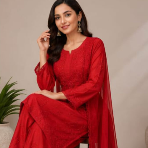 rn-image_picker_lib_temp_a74ff642-8d39-410a-8720-952c1ef97fbb.jpg Handmade Lucknow Chikankari Red Chanderi Sequin Kurta Set - Global Delivery | Nuvàne