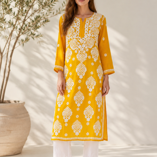 Handmade Lucknow Chikankari Modal Straight Kurta - Global Delivery | Nuvàne