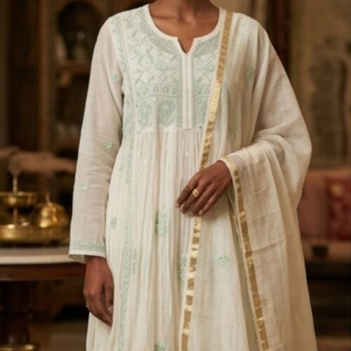 Handmade Lucknow Chikankari Gown with Dupatta - Global Delivery | Nuvàne